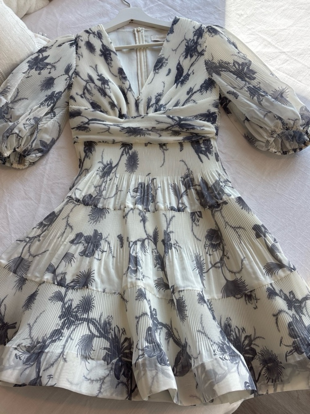 Zimmermann Ivory Mini Dress with Charcoal Grey Floral Print New